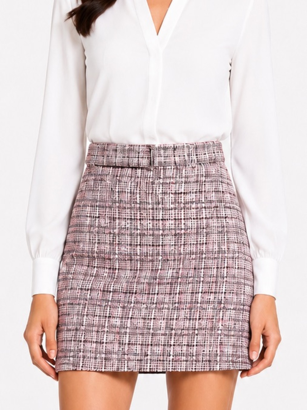 Theory Pink Plaid Tweed Belted A-Line Mini Skirt Size 16 Corpcore NWOT